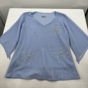 Women's VTG C.O.C. Tunic Sheer Lined Blouse Top Sequin L Baby Blue USA 3D